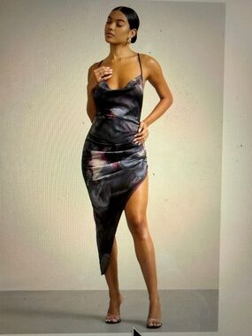 Club L London Satin Cowl Slip Dress in Black with Pink & Gray Swirl